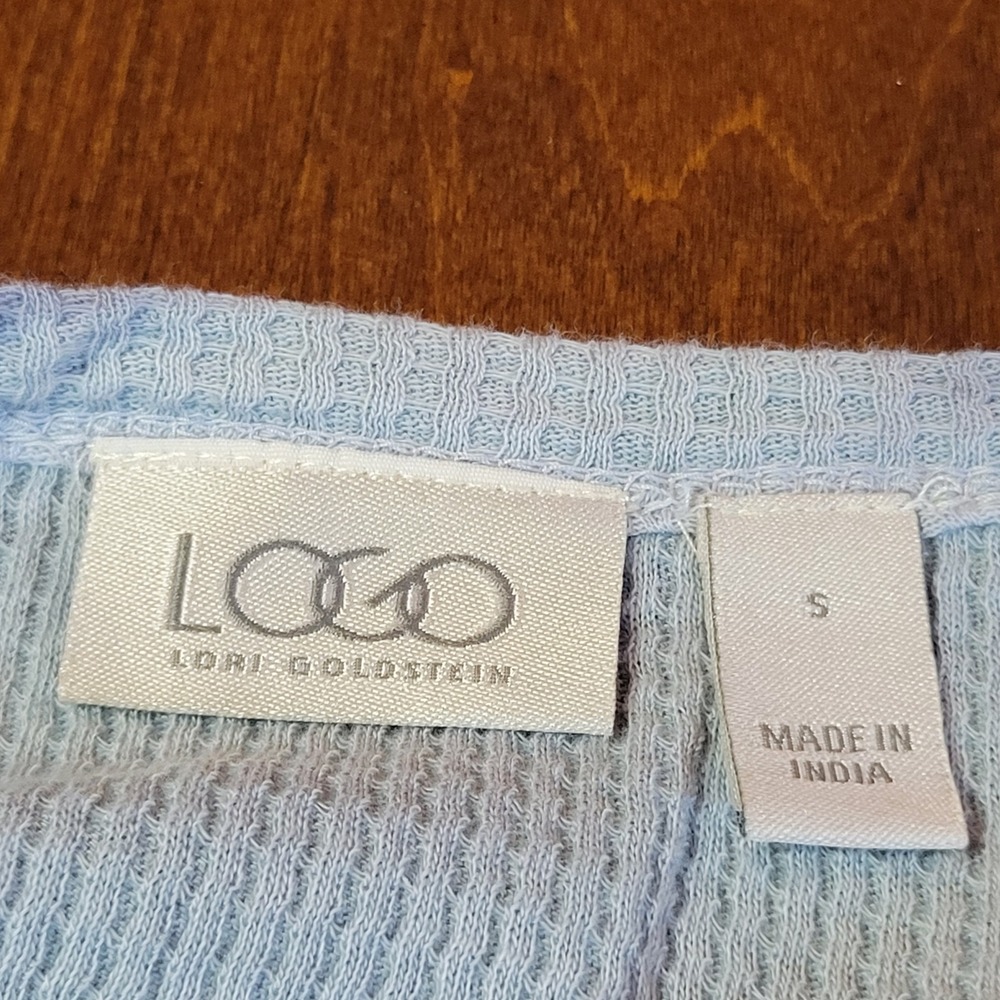 LOGO Lori Goldstein Thermal Top Size Small Blue Ombre Waffle Knit Pockets FLAW - Picture 4 of 16